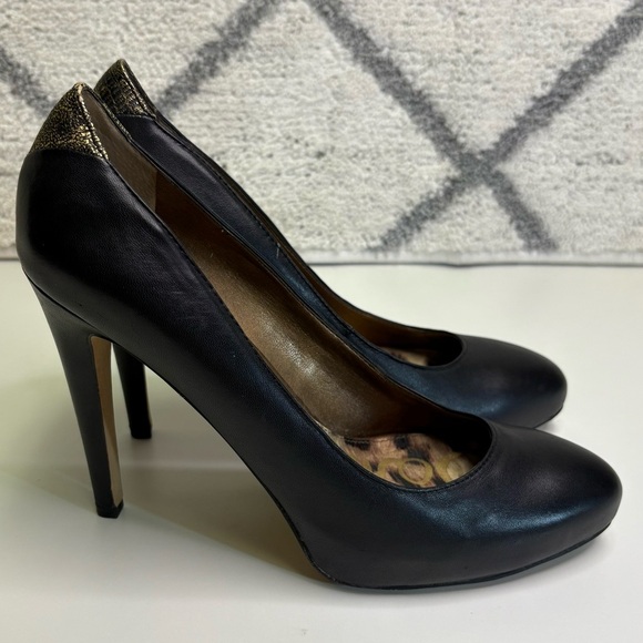 Sam Edelman Women’s 9.5 Black/Gold Heels Platform Leather Pumps Stiletto 4” Heel - Picture 1 of 10